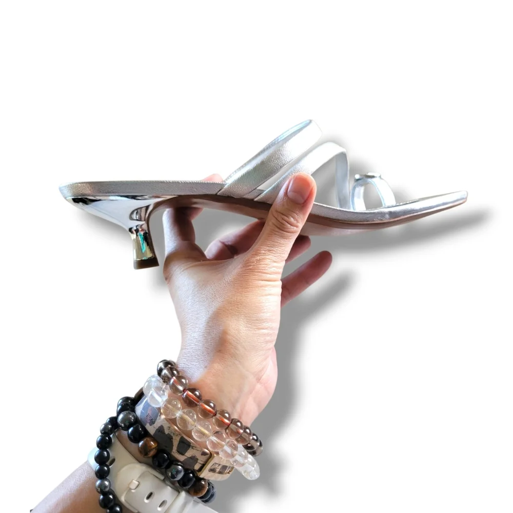 Michael Kors | BNIB Mid Letty Metallic Silver Strappy Toe Post Kitten Heels - Picture 5 of 13